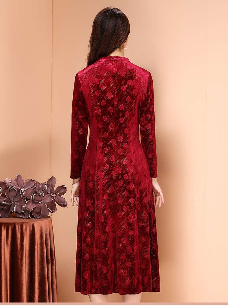 カラードレス 優雅な花柄ベロア チャイナドレス