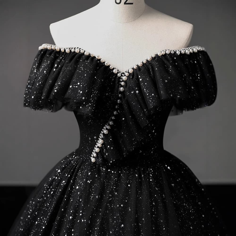 カラードレス 夜空の煌めき オフショルダー チュール ドレス