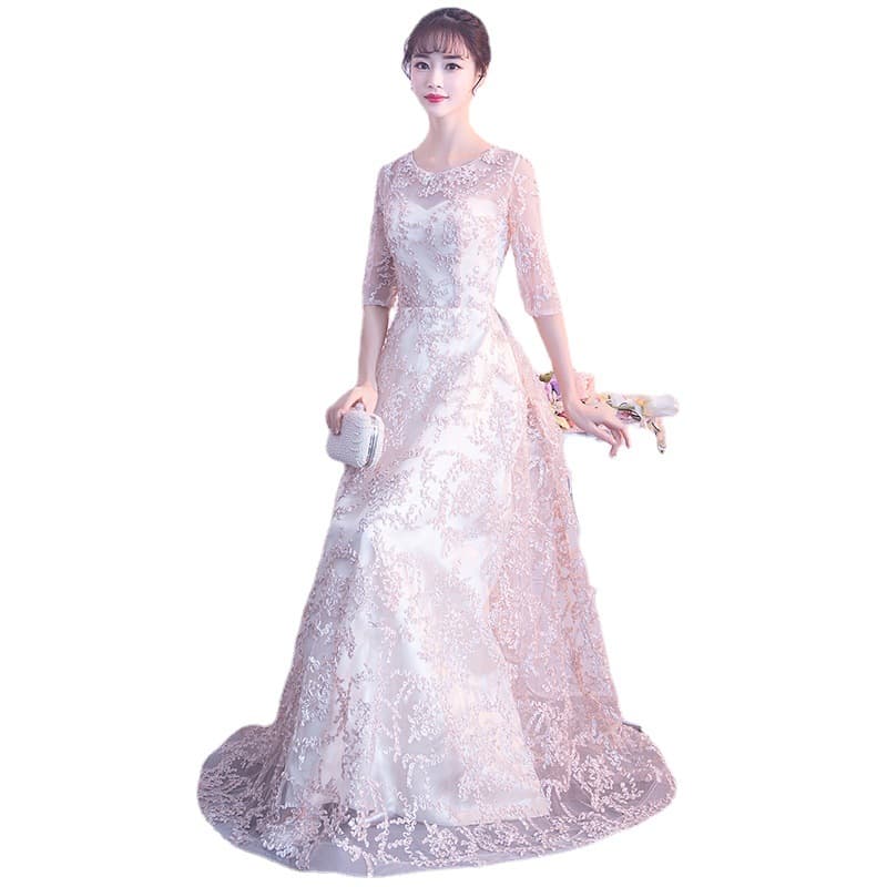 カラードレス 上品な総レース 七分袖 ロングドレス