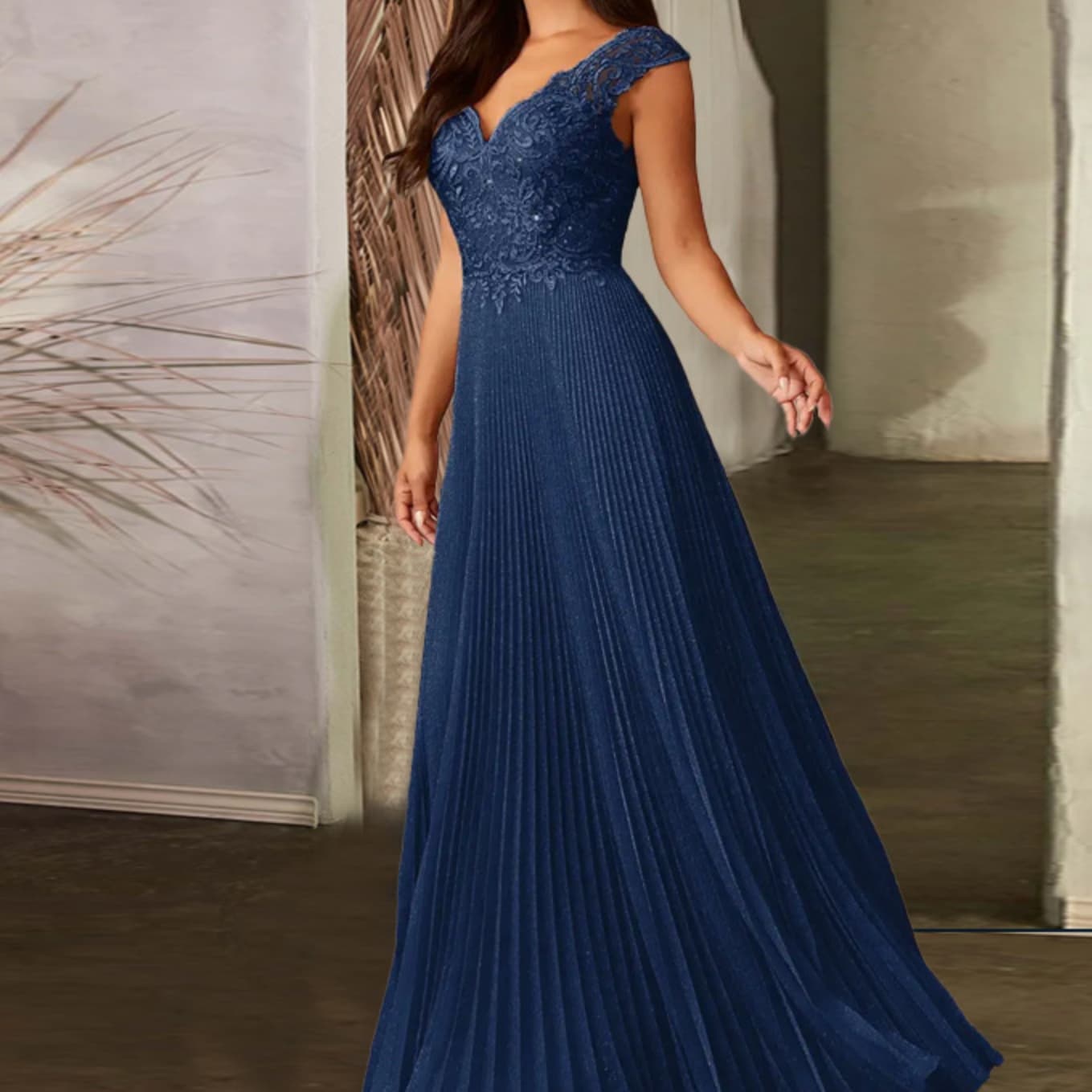 カラードレス 上質プリーツ刺繍レース お呼ばれドレス