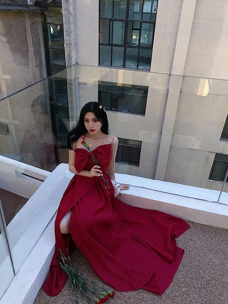 カラードレス アシンメトリーリボン シャーリング ロングドレス