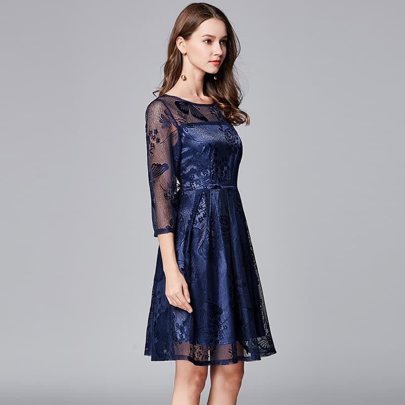 カラードレス 花柄レース切替 七分袖ドレス