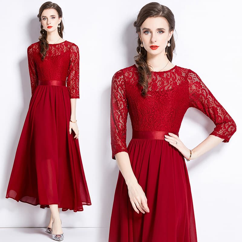 カラードレス レース切替フレアロングドレス