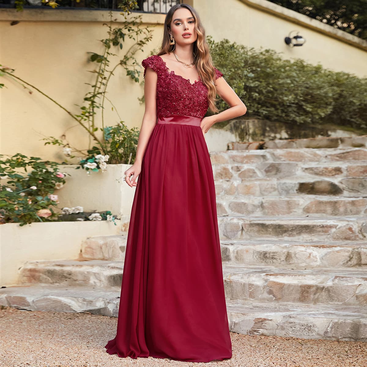 カラードレス カラードレス 花嫁の憧れ 贅沢レース長袖ドレス