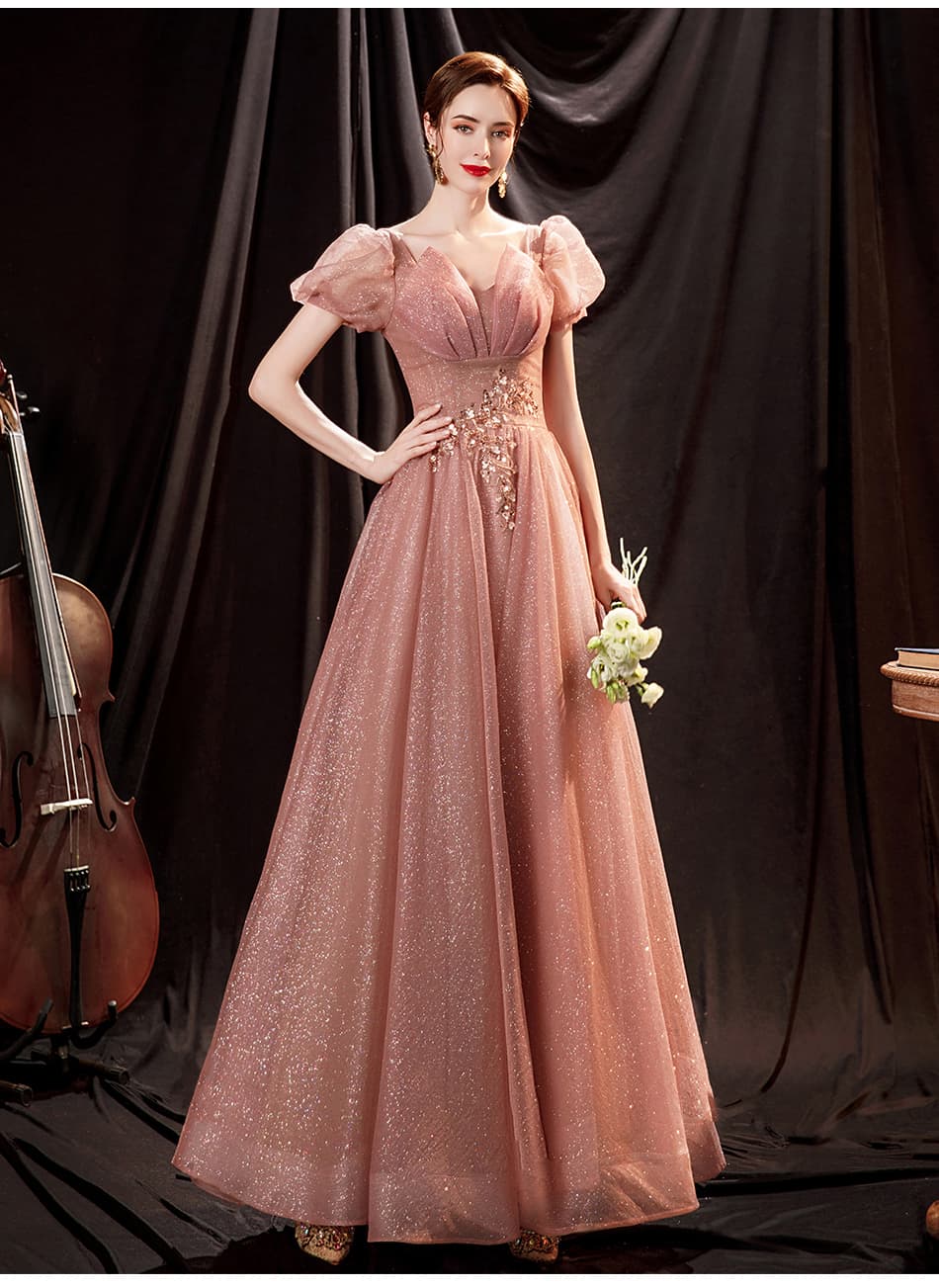 カラードレス 優美な貴婦人のようなパフスリーブロングドレス