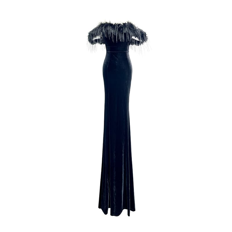 カラードレス オフショルダー フェザー マーメイドドレス