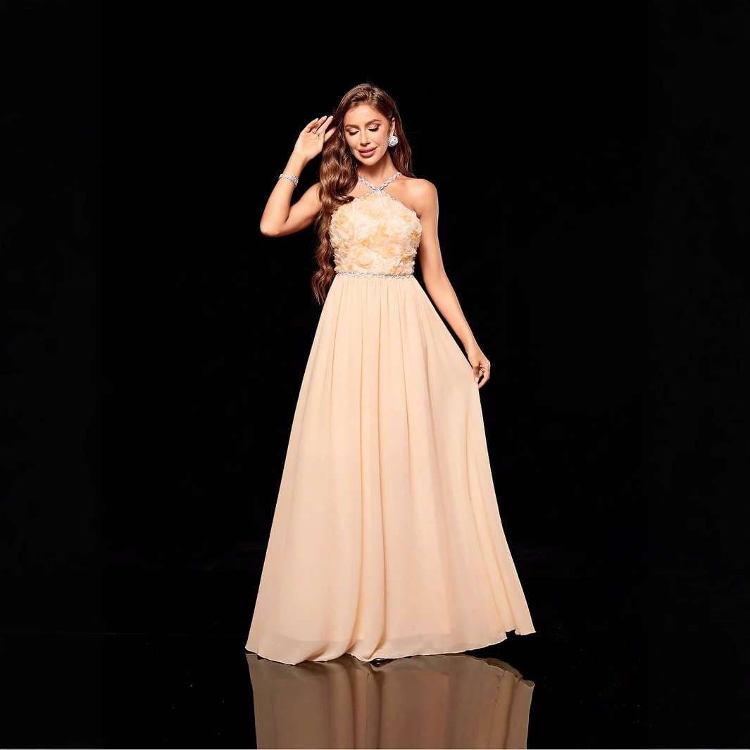 カラードレス 清楚華やかホルターネックロングドレス