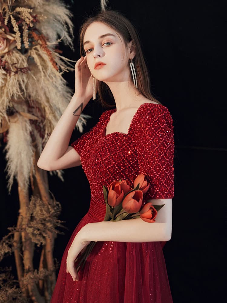 カラードレス カラードレス 煌めきスクエアネック チュールドレス