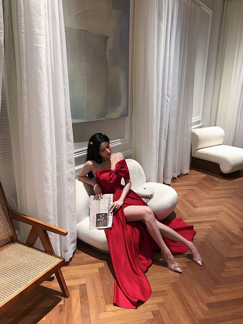 カラードレス アシンメトリーリボン シャーリング ロングドレス