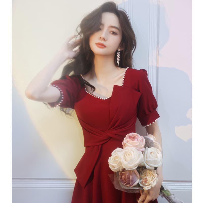 カラードレス パール装飾リボンドレス