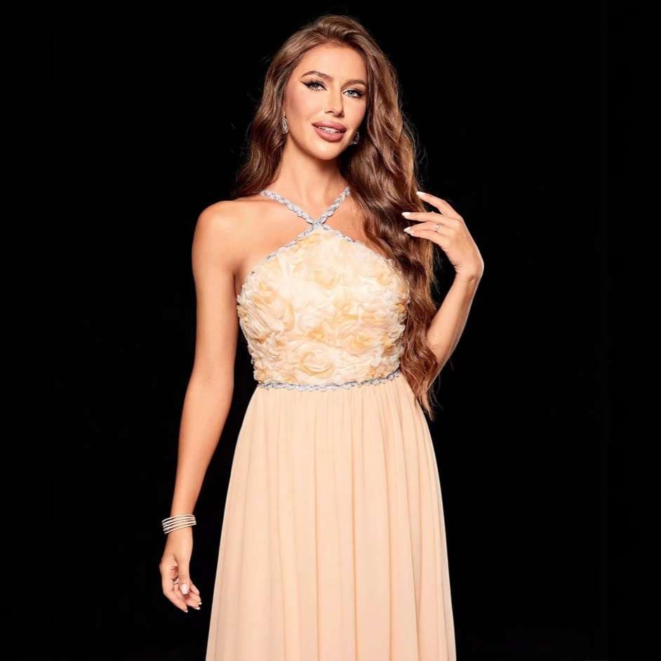 カラードレス 清楚華やかホルターネックロングドレス