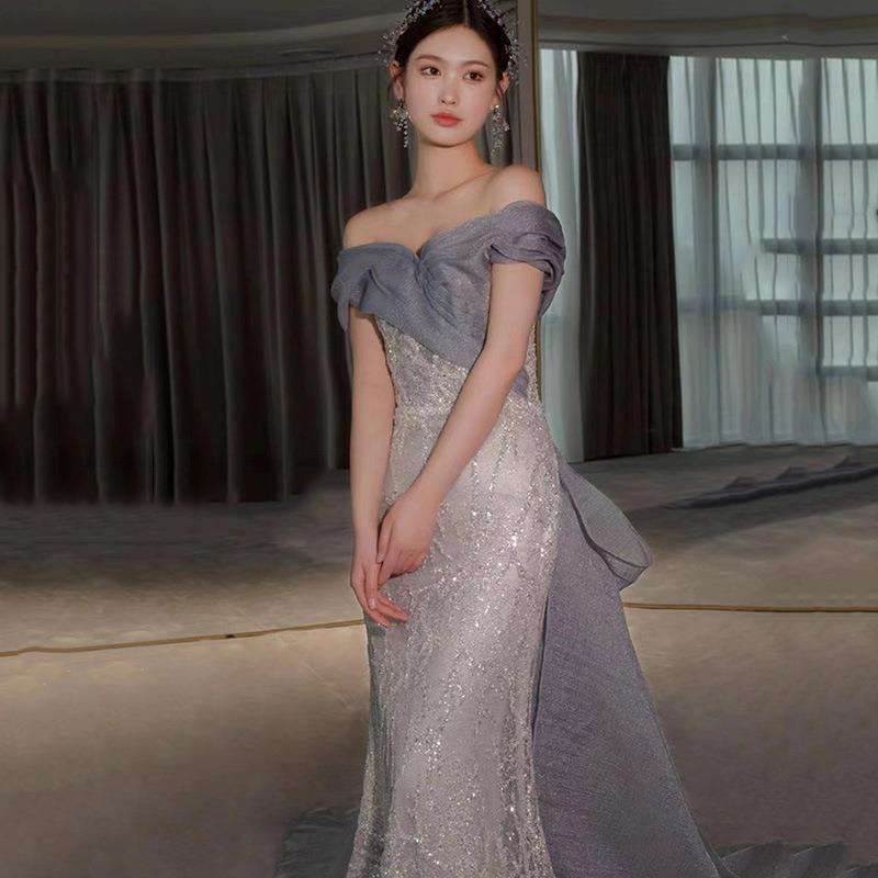 カラードレス オフショルダー シアー オーバースカート ドレス