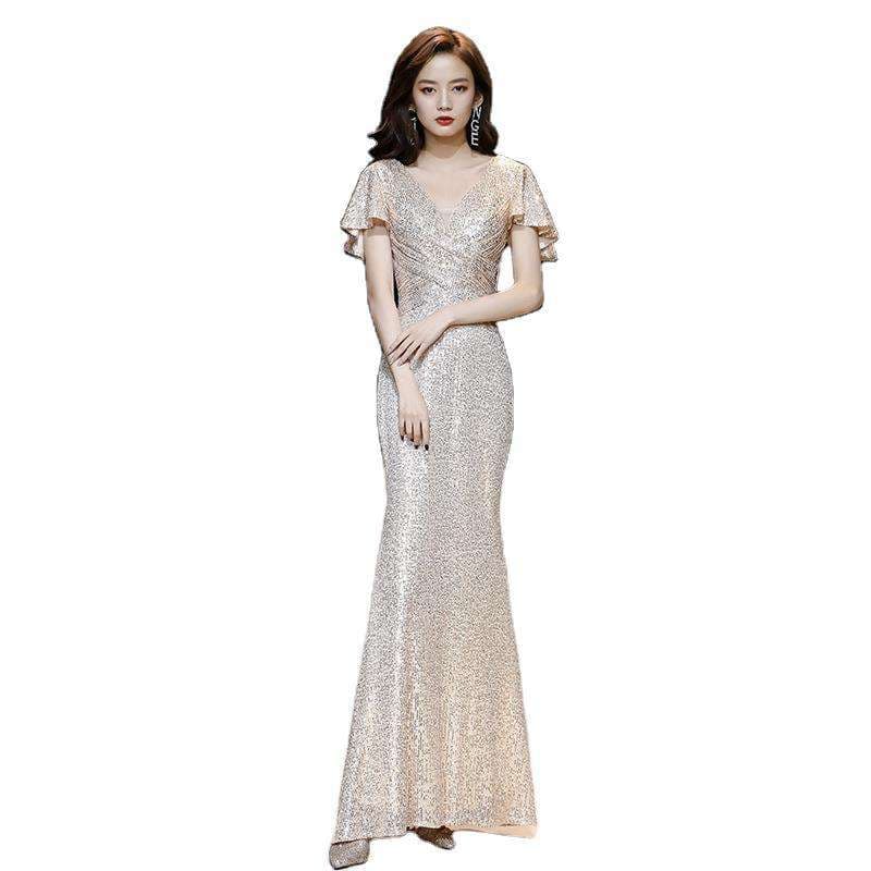 カラードレス フリル袖きらめきマーメイドドレス