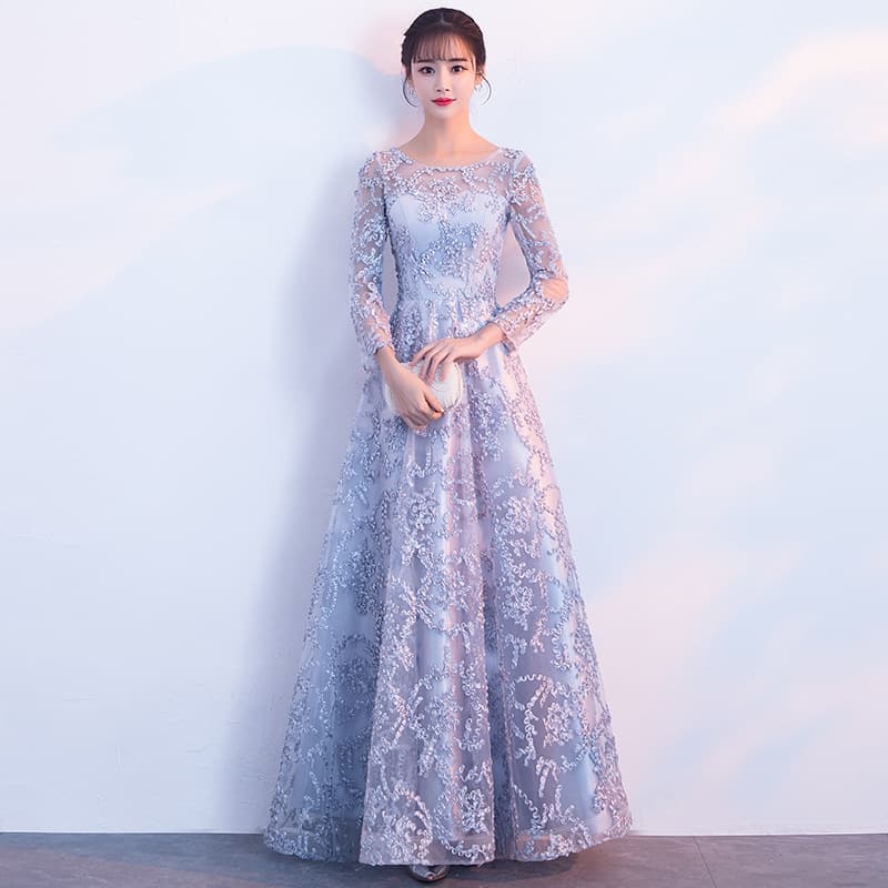 カラードレス 上品な総レース 七分袖 ロングドレス