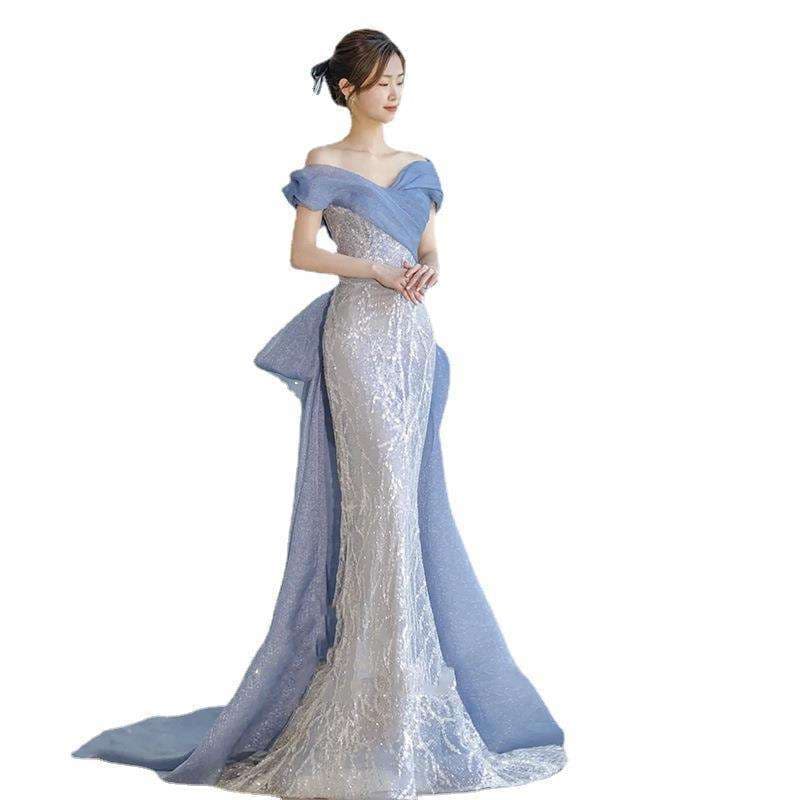 カラードレス オフショルダー シアー オーバースカート ドレス