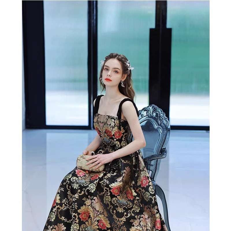カラードレス 花柄ジャガード織り クラシカルロングドレス