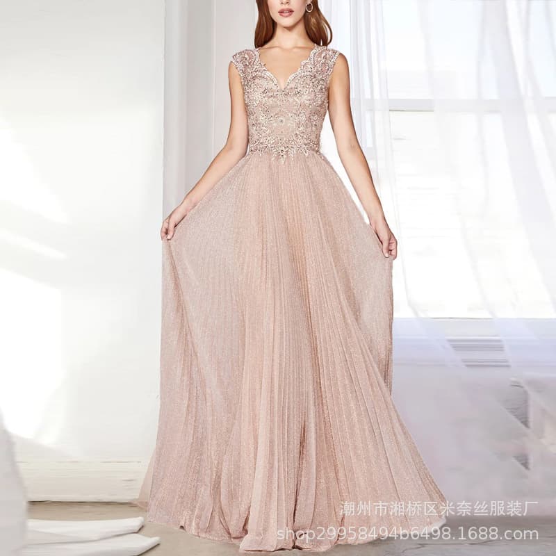 カラードレス 上質プリーツ刺繍レース お呼ばれドレス