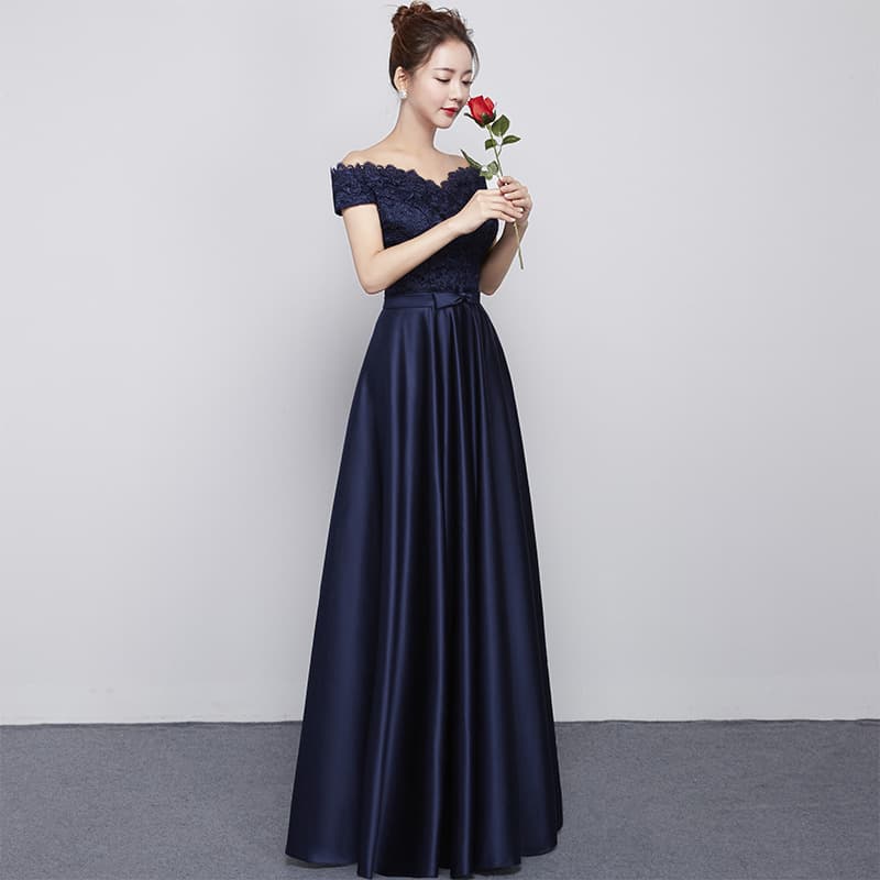 カラードレス オフショルダー レース サテン ドレス