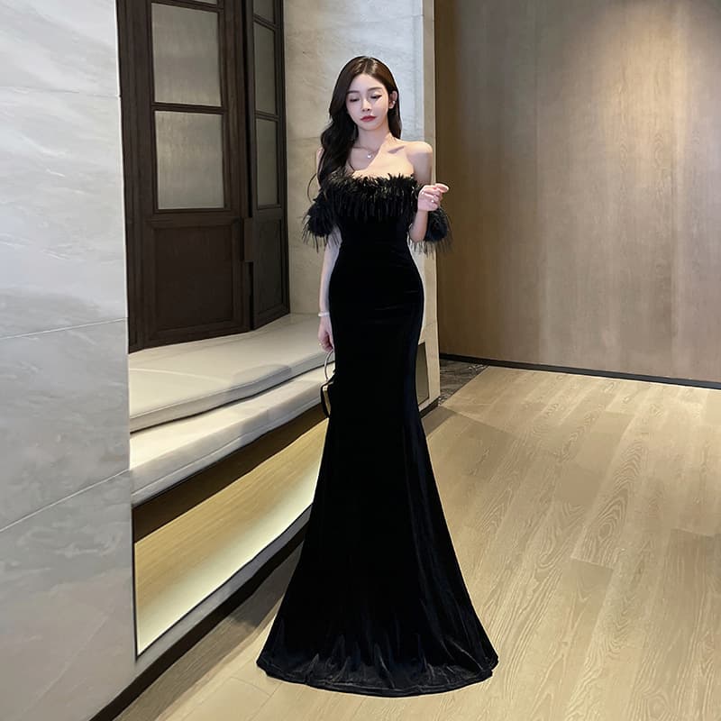 カラードレス オフショルダー フェザー マーメイドドレス