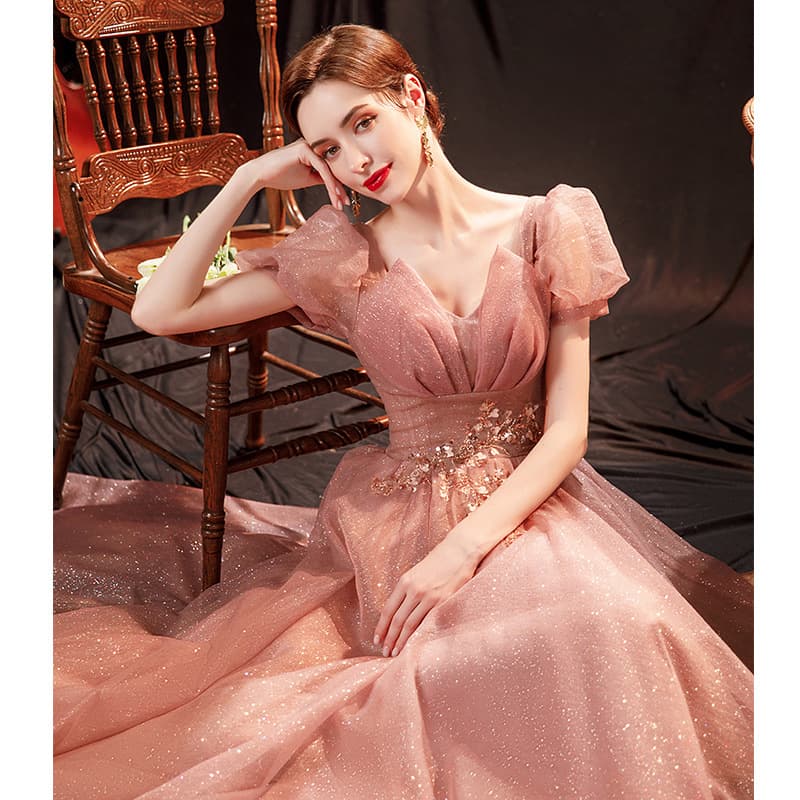 カラードレス 優美な貴婦人のようなパフスリーブロングドレス