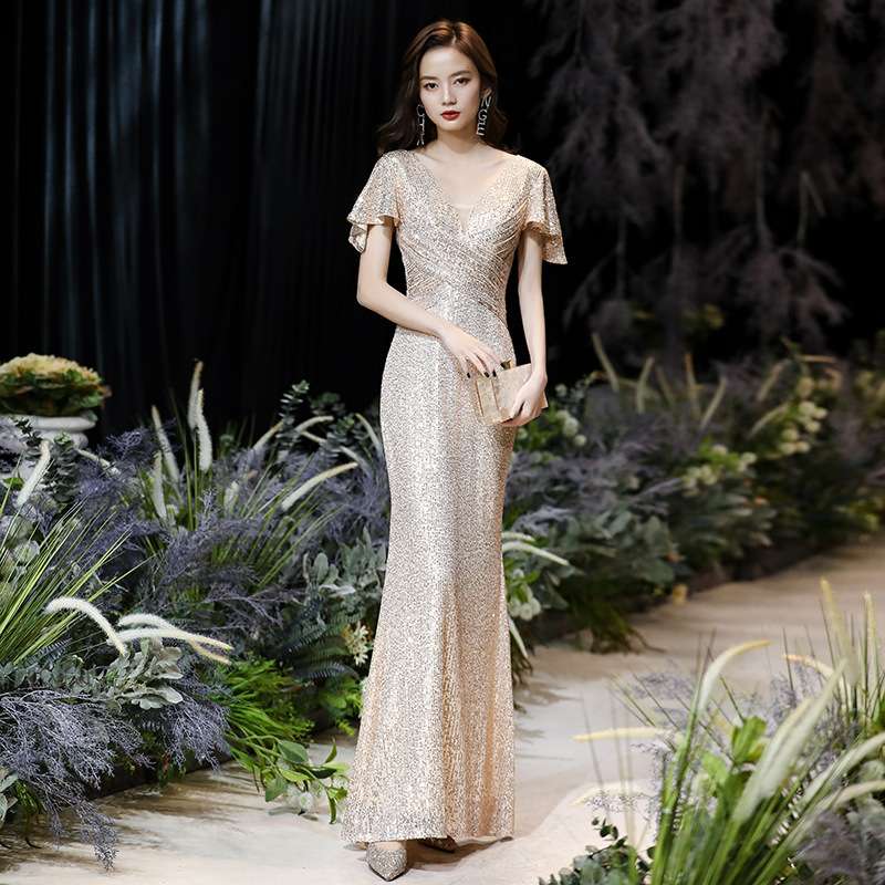 カラードレス フリル袖きらめきマーメイドドレス