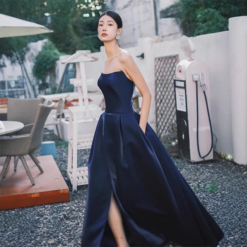 カラードレス カラードレス 上品シルエット ベアトップロングドレス