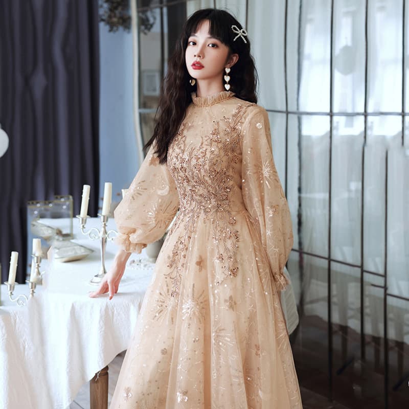 カラードレス 星空刺繍チュールロングドレス