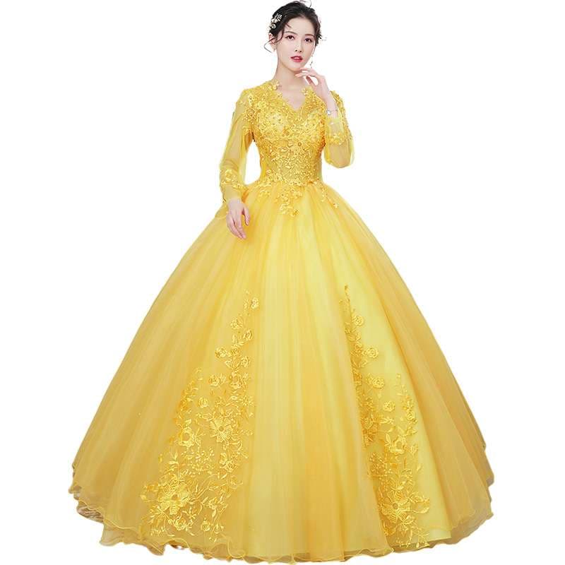 カラードレス 優美なレース刺繍チュールプリンセスドレス