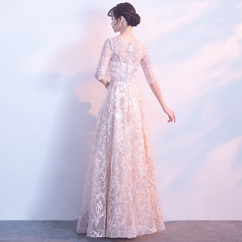 カラードレス 上品な総レース 七分袖 ロングドレス