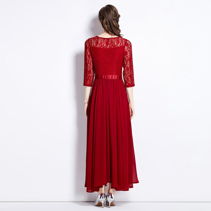 カラードレス レース切替フレアロングドレス