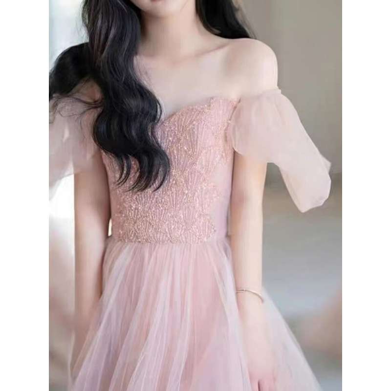 カラードレス 優美なチュールレース オフショルダードレス