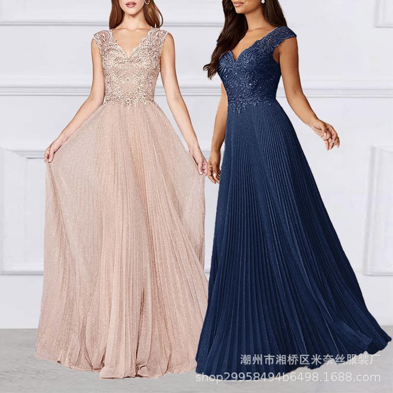 カラードレス 上質プリーツ刺繍レース お呼ばれドレス