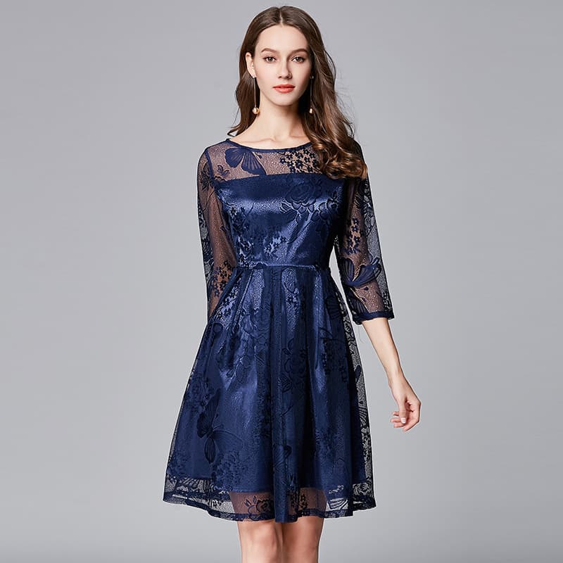 カラードレス 花柄レース切替 七分袖ドレス