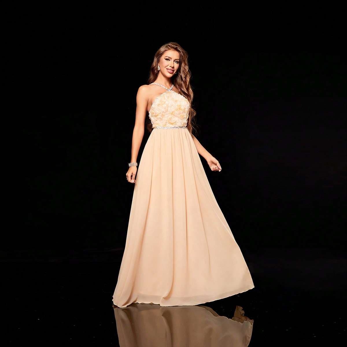 カラードレス 清楚華やかホルターネックロングドレス