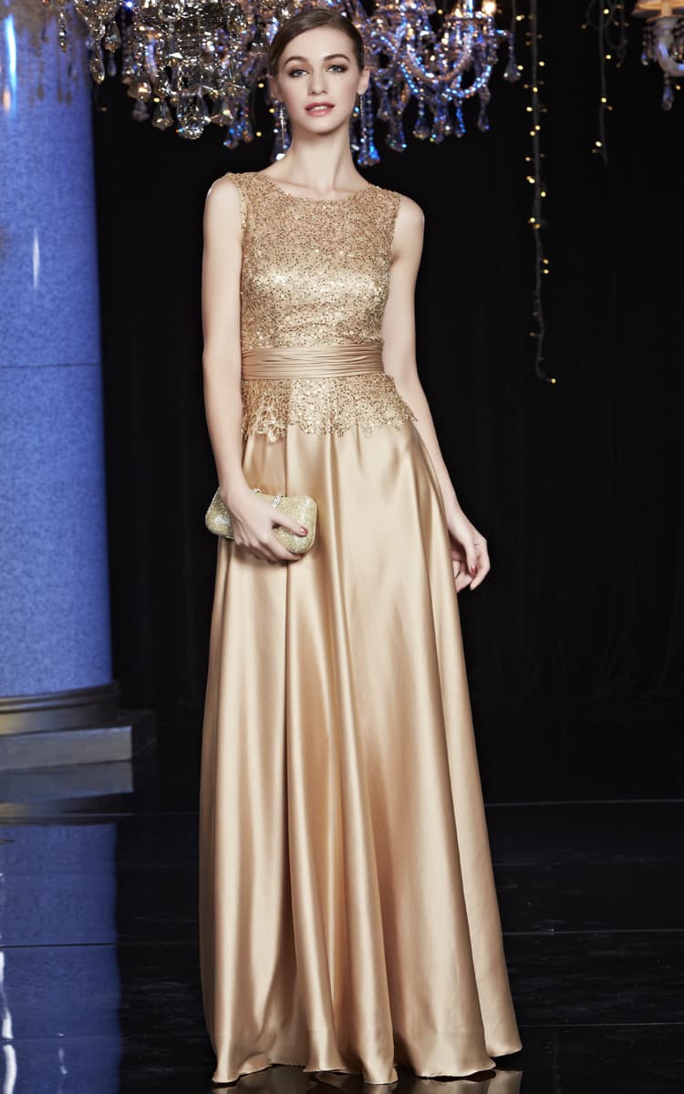 カラードレス 煌めきスパンコール サテンロングドレス