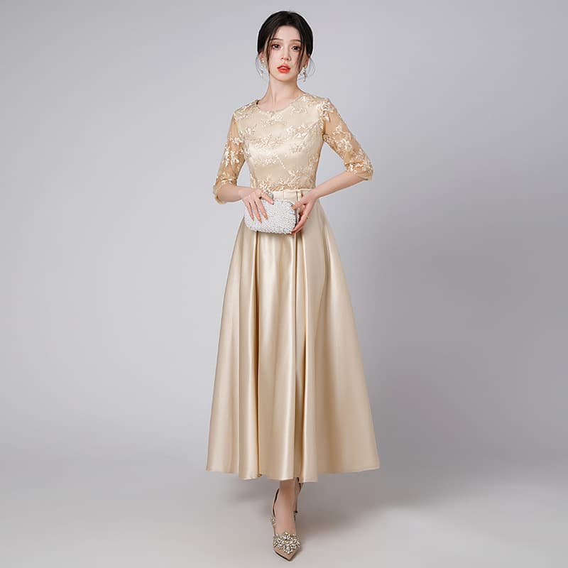 カラードレス シアーレース ミモレ丈ドレス