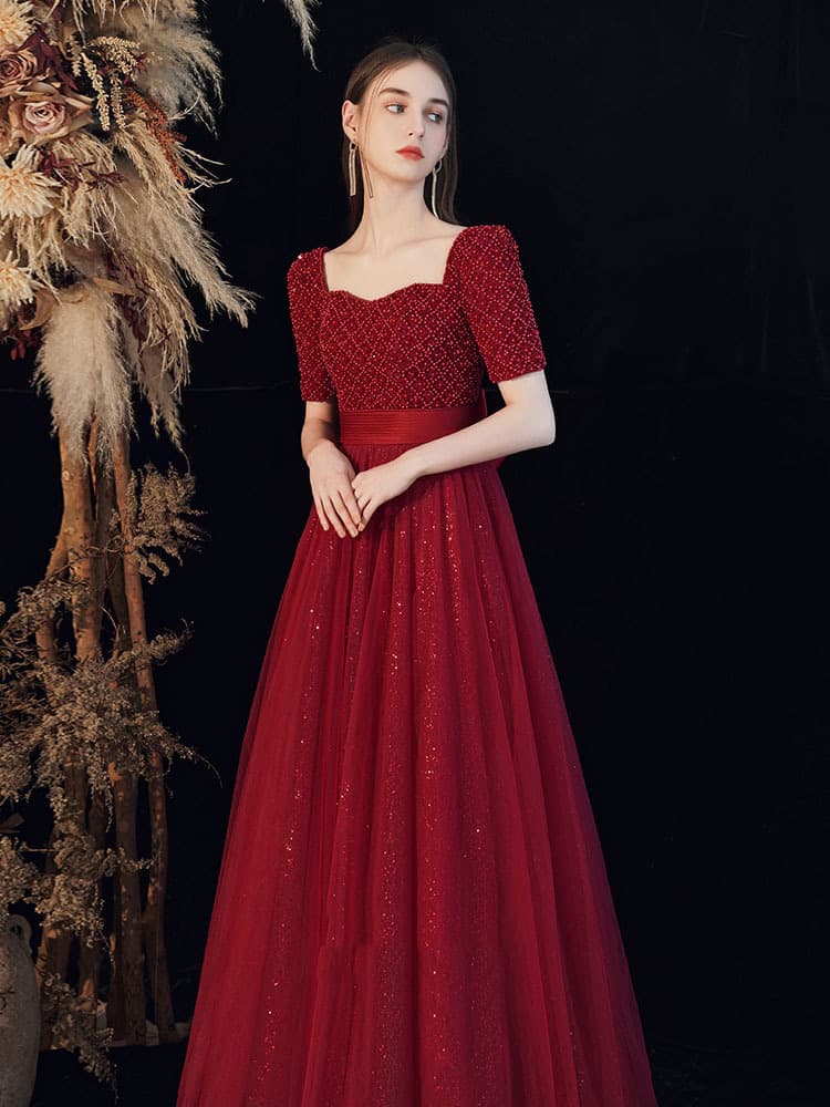 カラードレス カラードレス 煌めきスクエアネック チュールドレス