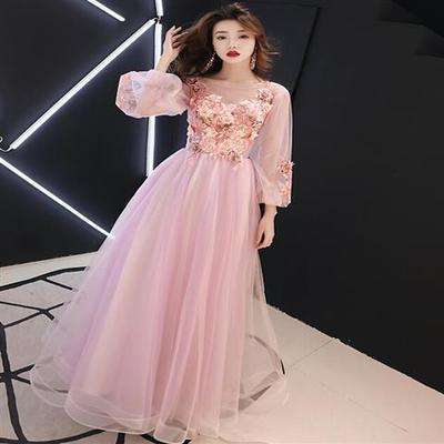 カラードレス 花模様チュール袖付きロングドレス