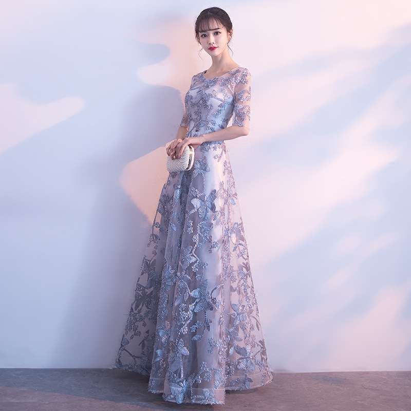 カラードレス 上品な花柄レース ロングドレス