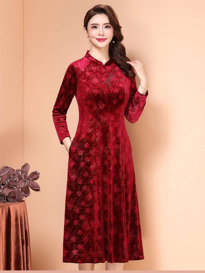 カラードレス 優雅な花柄ベロア チャイナドレス