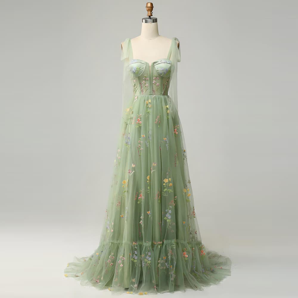 カラードレス 妖精のような花刺繍チュールドレス