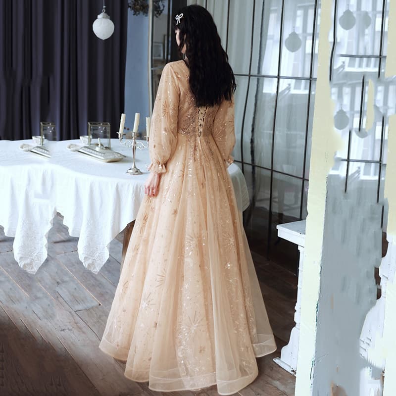 カラードレス 星空刺繍チュールロングドレス