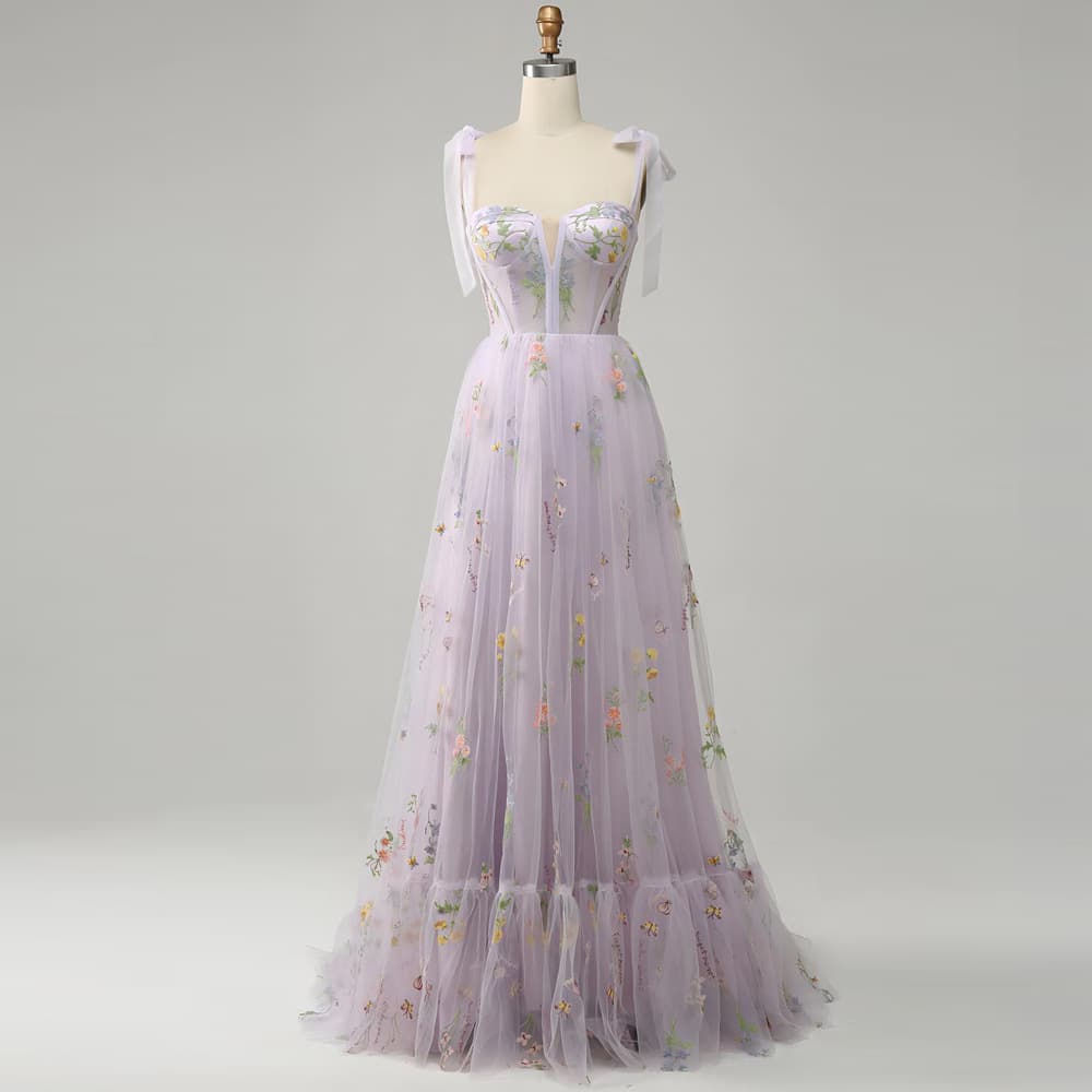 カラードレス 妖精のような花刺繍チュールドレス