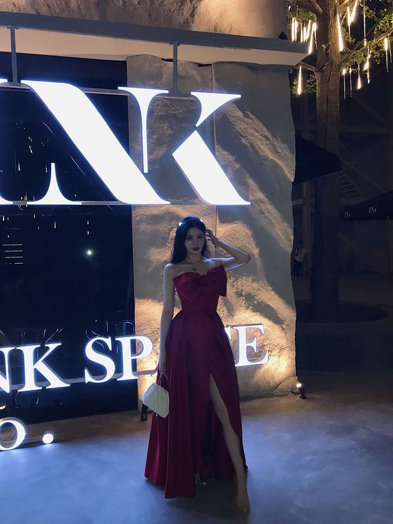 カラードレス アシンメトリーリボン シャーリング ロングドレス