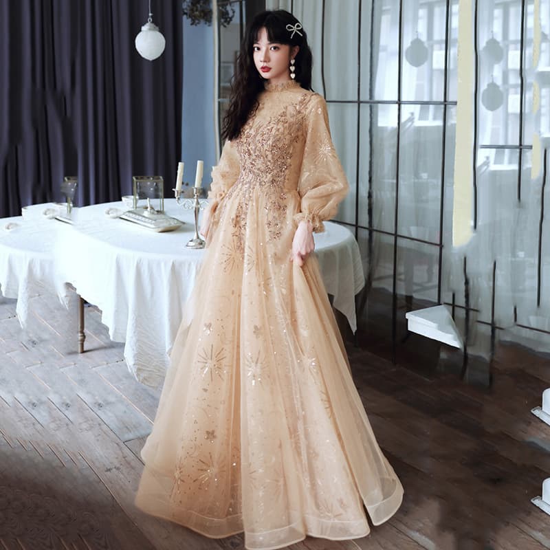 カラードレス 星空刺繍チュールロングドレス