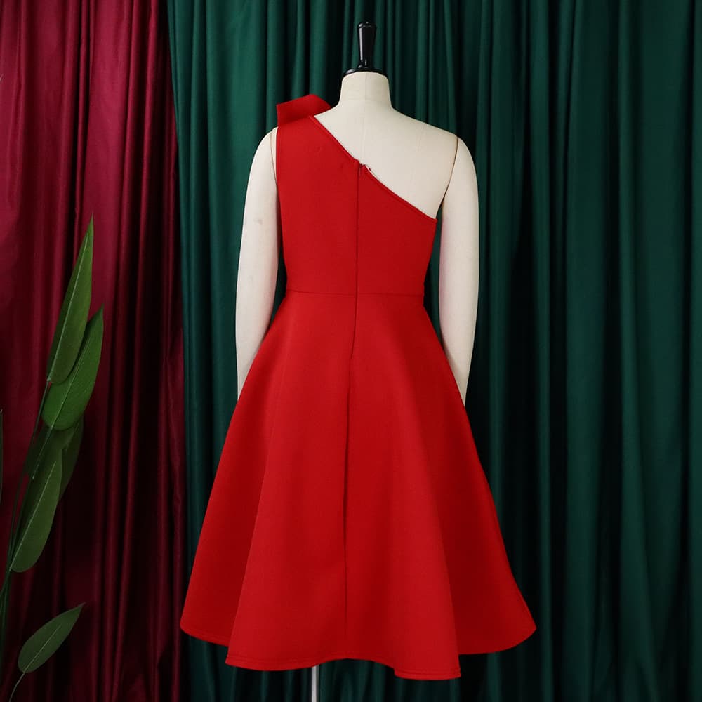 カラードレス カラードレス アシンメトリー襟立体デザインフレアワンピース