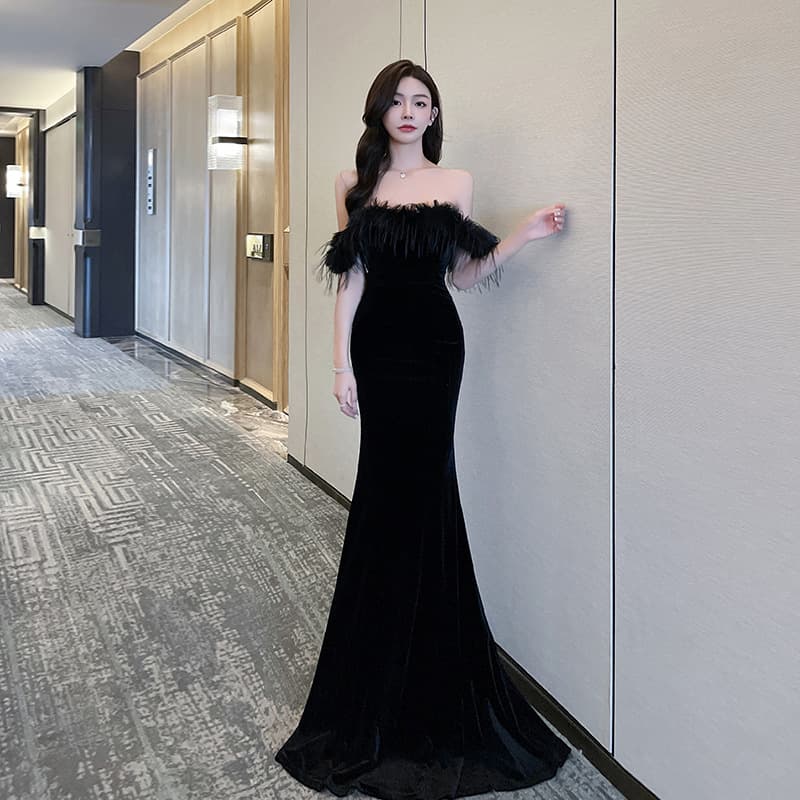 カラードレス オフショルダー フェザー マーメイドドレス