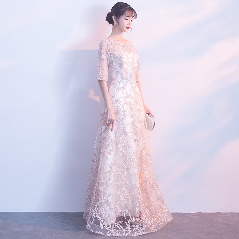 カラードレス 上品な総レース 七分袖 ロングドレス