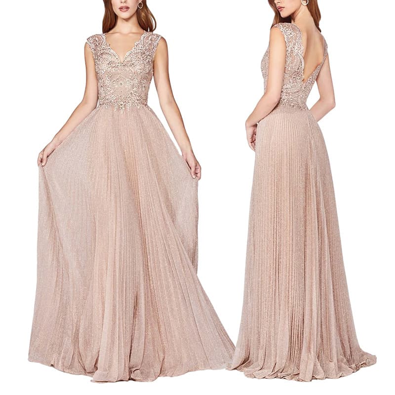 カラードレス 上質プリーツ刺繍レース お呼ばれドレス