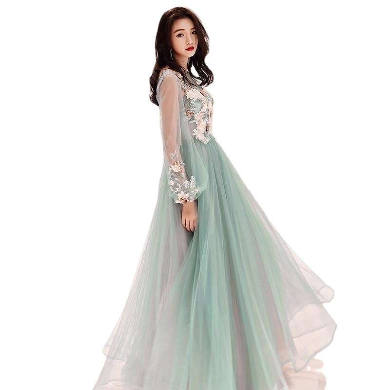 カラードレス 花模様チュール袖付きロングドレス